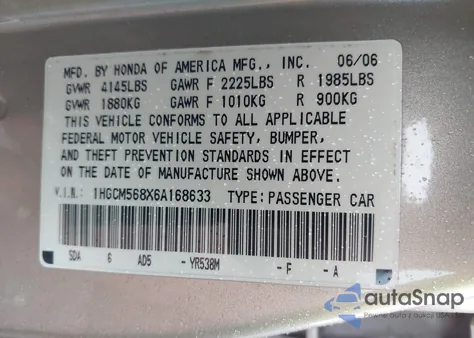 2006 Honda Accord 2.4 Ex из США, поврежденный, VIN 1HGCM568X6A168633